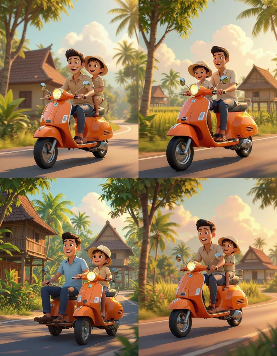 Indonesian Father and Son Ride Orange Vespa in Pixar Style