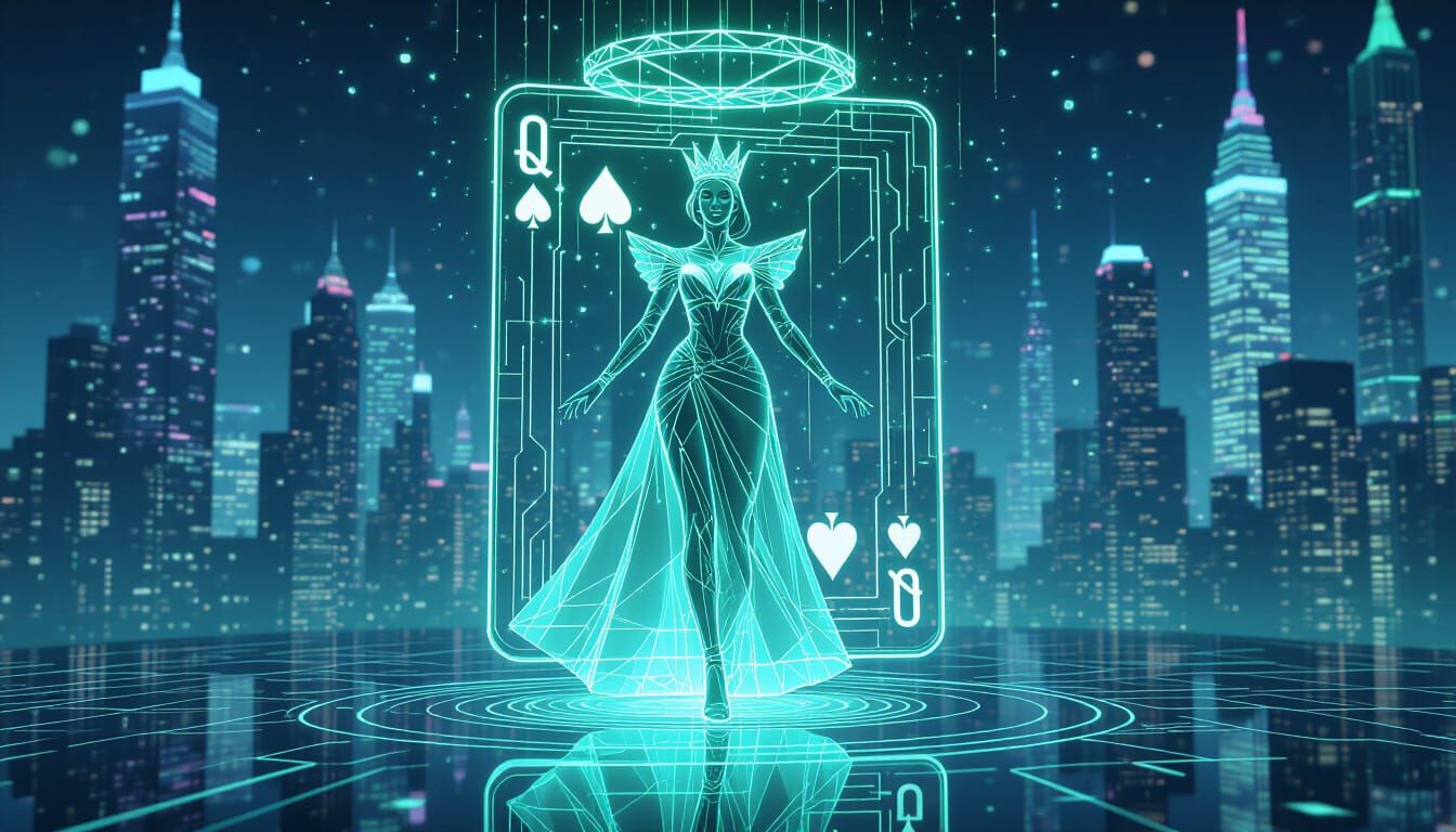 Cyber-Futurist Queen of Clubs Emerges from Holographic Card
