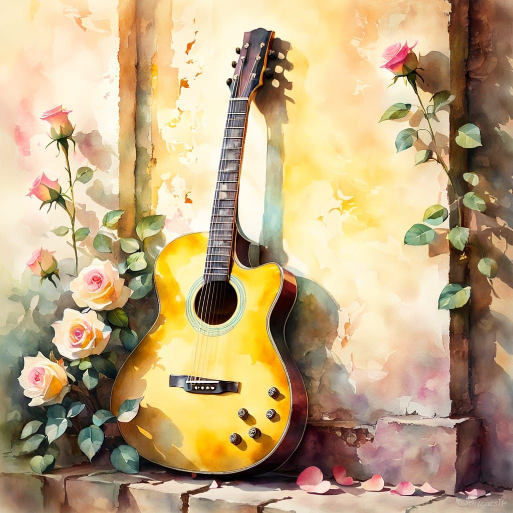Vintage Guitar in Watercolor with Rose Petals
