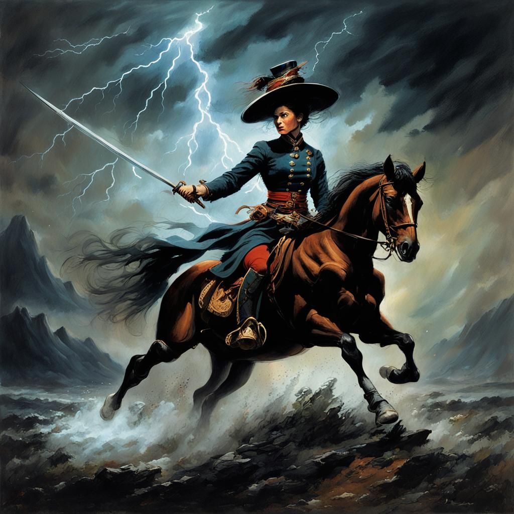 Heroic Woman on Horseback in Stormy Scene