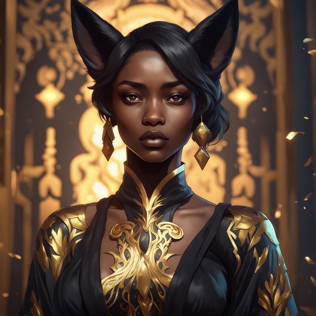 Black Teenage Kitsune in Gold Dress Portrait