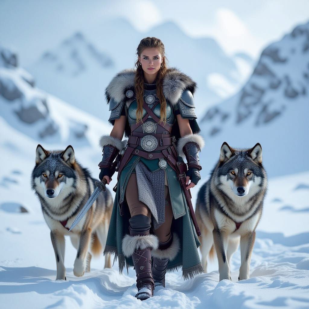 Norse Warrior Queen with Wolves in Photo Style