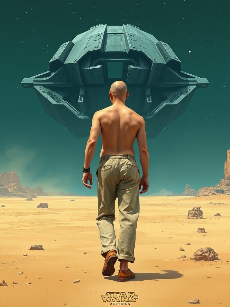 Retro-Futuristic Man Walks Towards Alien City