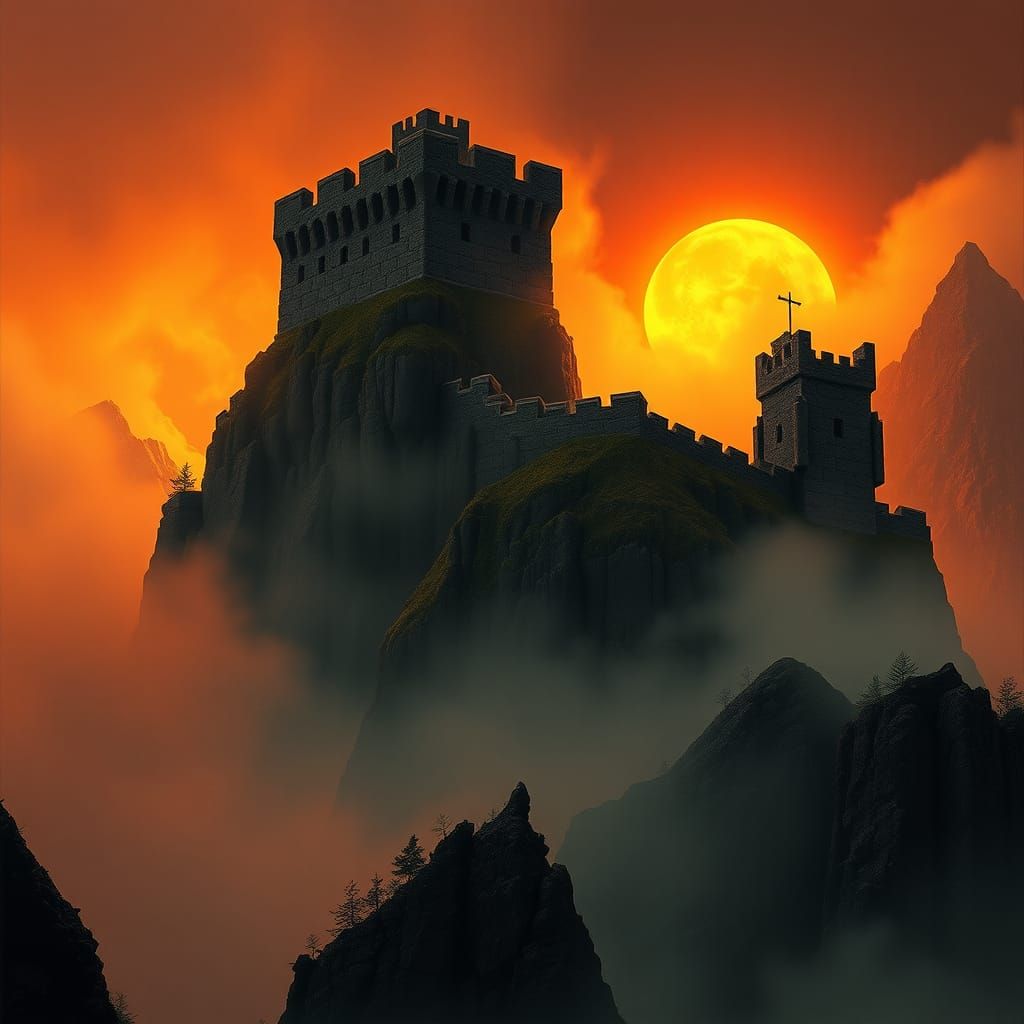 Foreboding Fortress in Misty Landscape, Cinematic Style