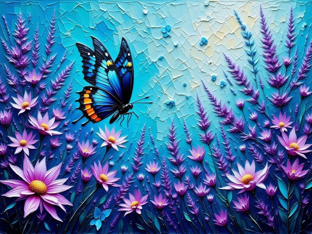 Turquoise Butterfly Among Lavender: Impasto Oil Painting