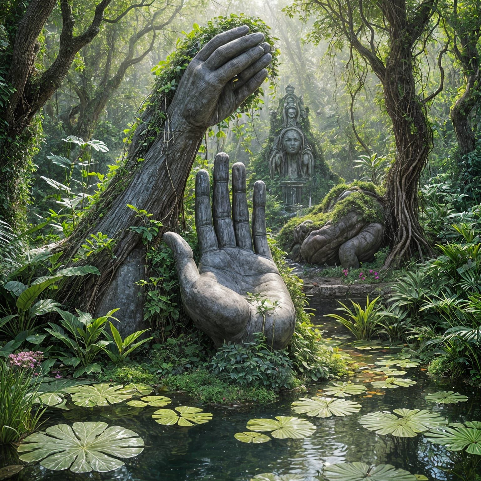 Overgrown Stone Hand Statue Holding Pond
