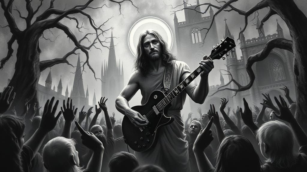 Pixelated Jesus Christ Shreds in Gothic Cityscape