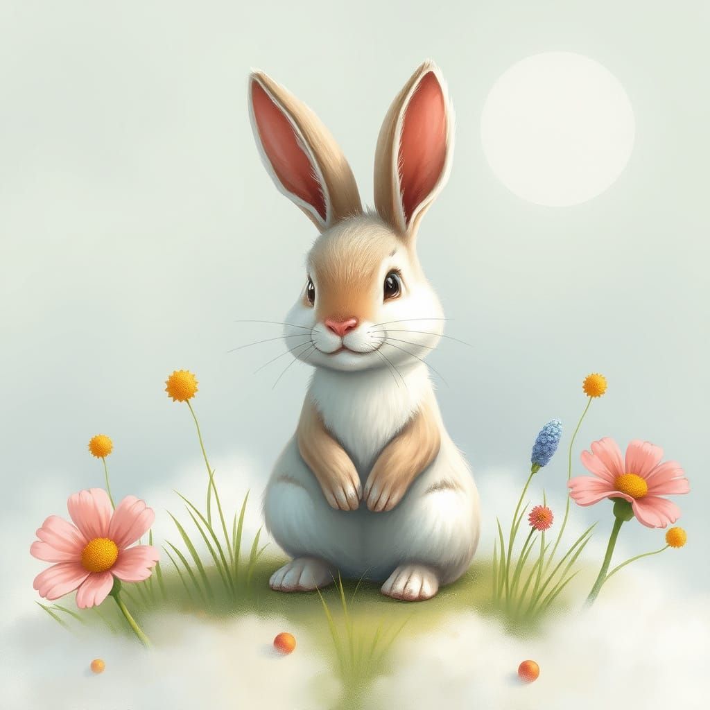 A Little Cloudy Bunny in Whimsical Watercolor Style