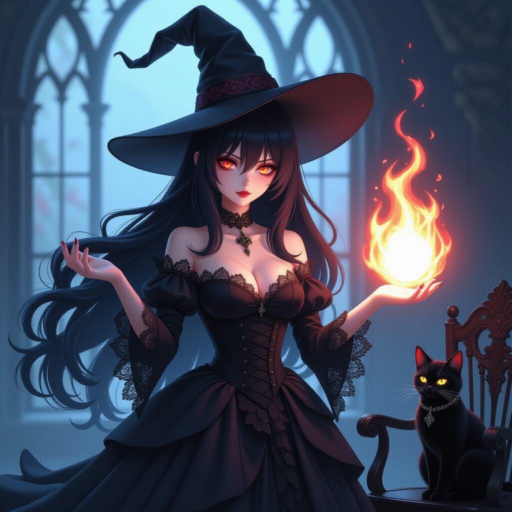 Dark Witch Conjures Fireball with Cat Companion