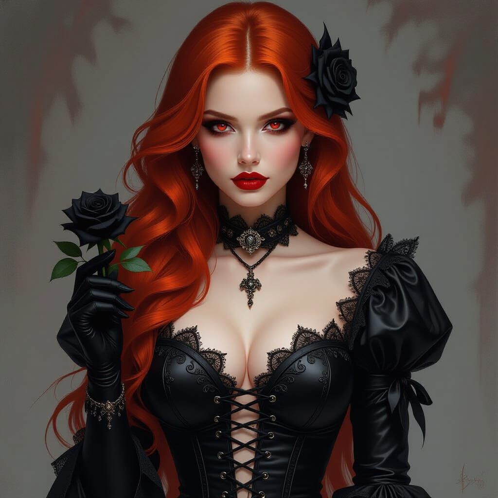 Gothic Beauty in Leather and Lace with Red Eyes