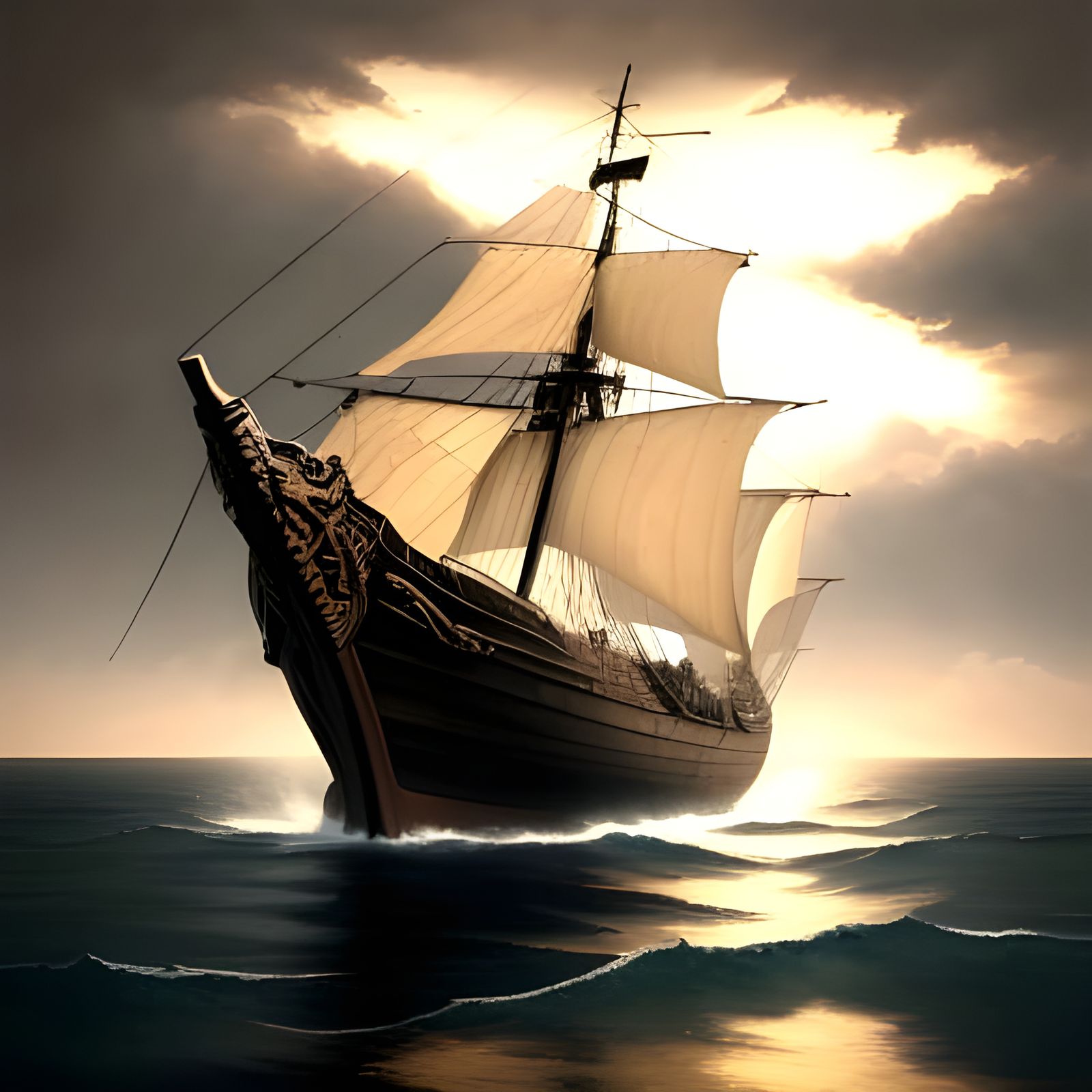 Viking Ship Sails Under Serene Seascape in Historical Style