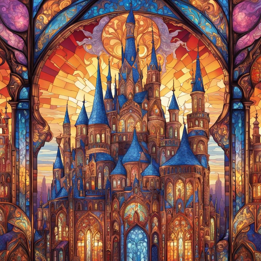Surreal Stained Glass Cityscape at Dusk in Vibrant Colors