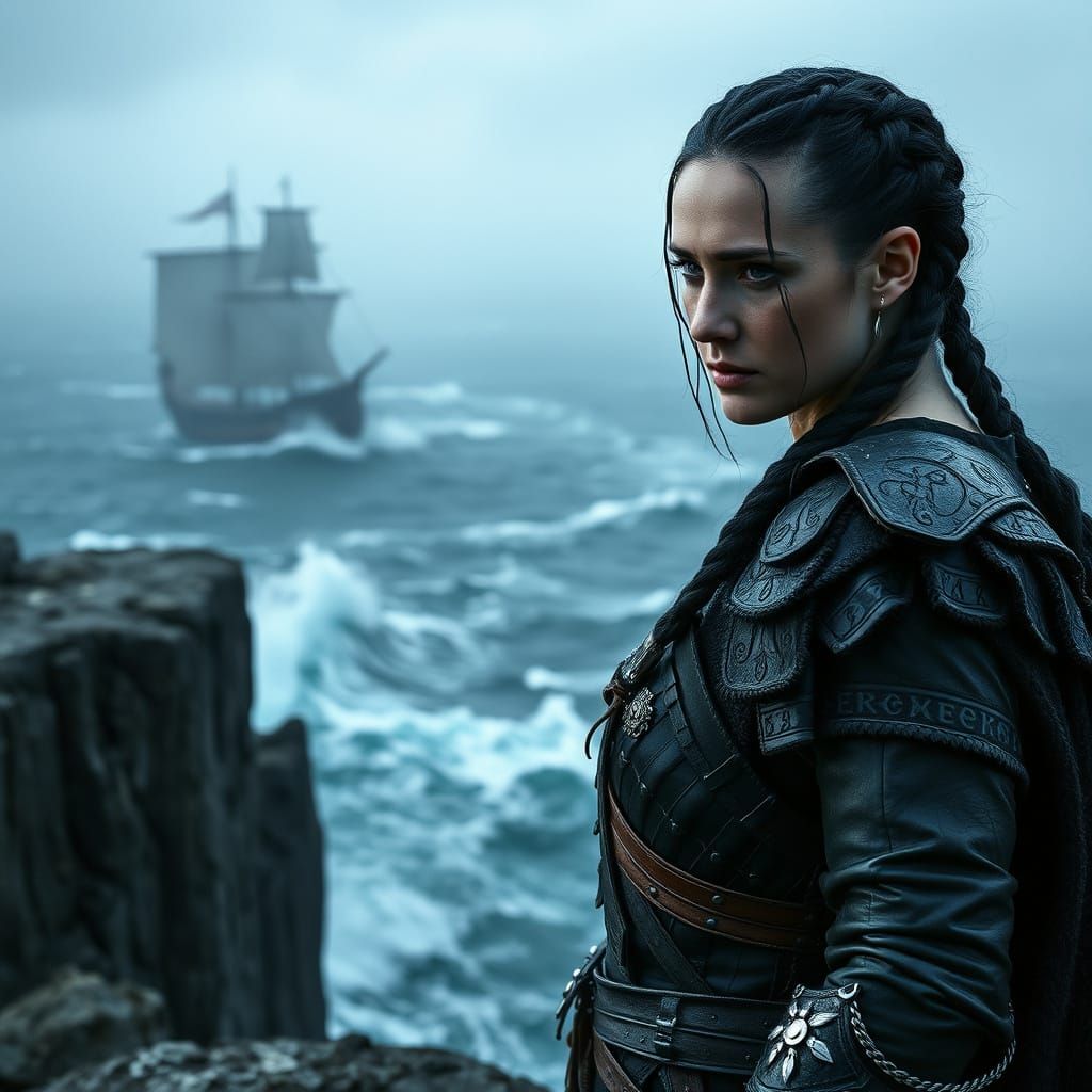Valkyrie on Windswept Cliff Overlooking Turbulent Sea