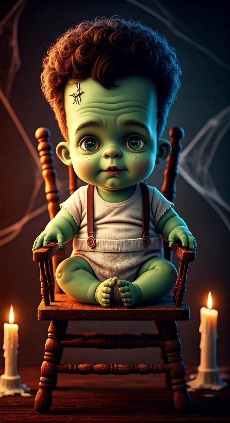 Charming Baby Frankenstein in Whimsical Gothic Setting