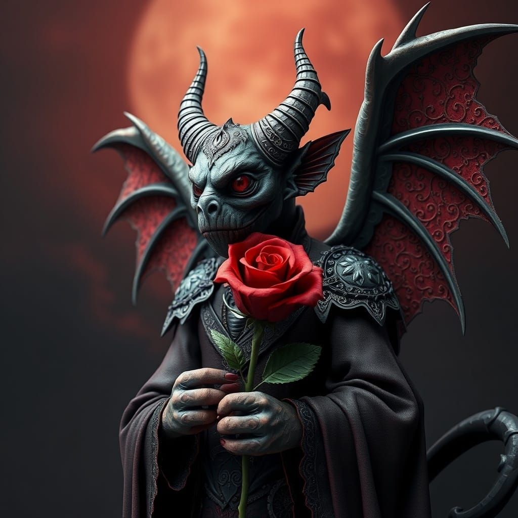 Gargoyle Holding Rose in Dramatic Art Nouveau Style