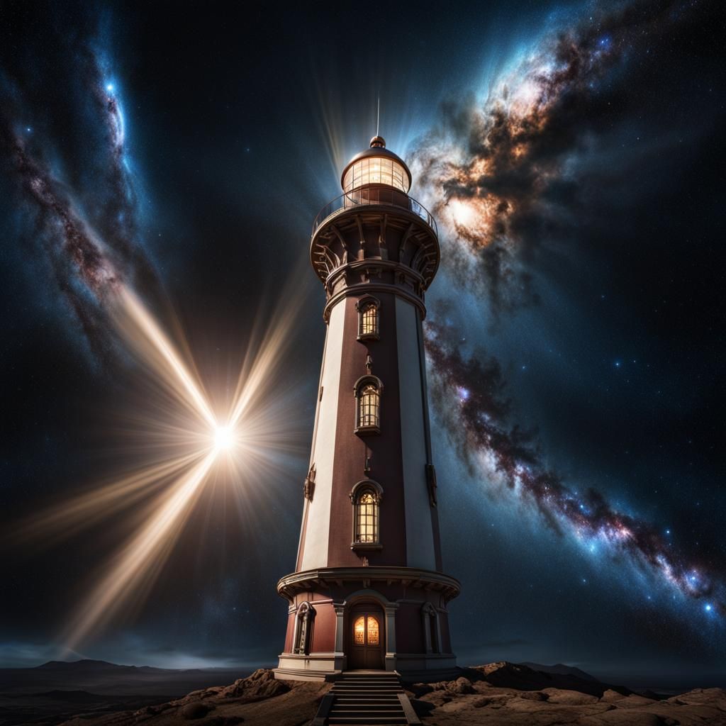 Cosmic Gothic Lighthouse Floating in Space