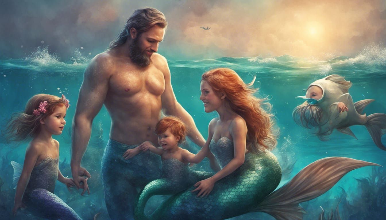 Mermaid Family in Ocean Scene