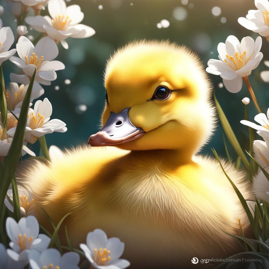 Duckling Portrait in White Flowers, Splash Art