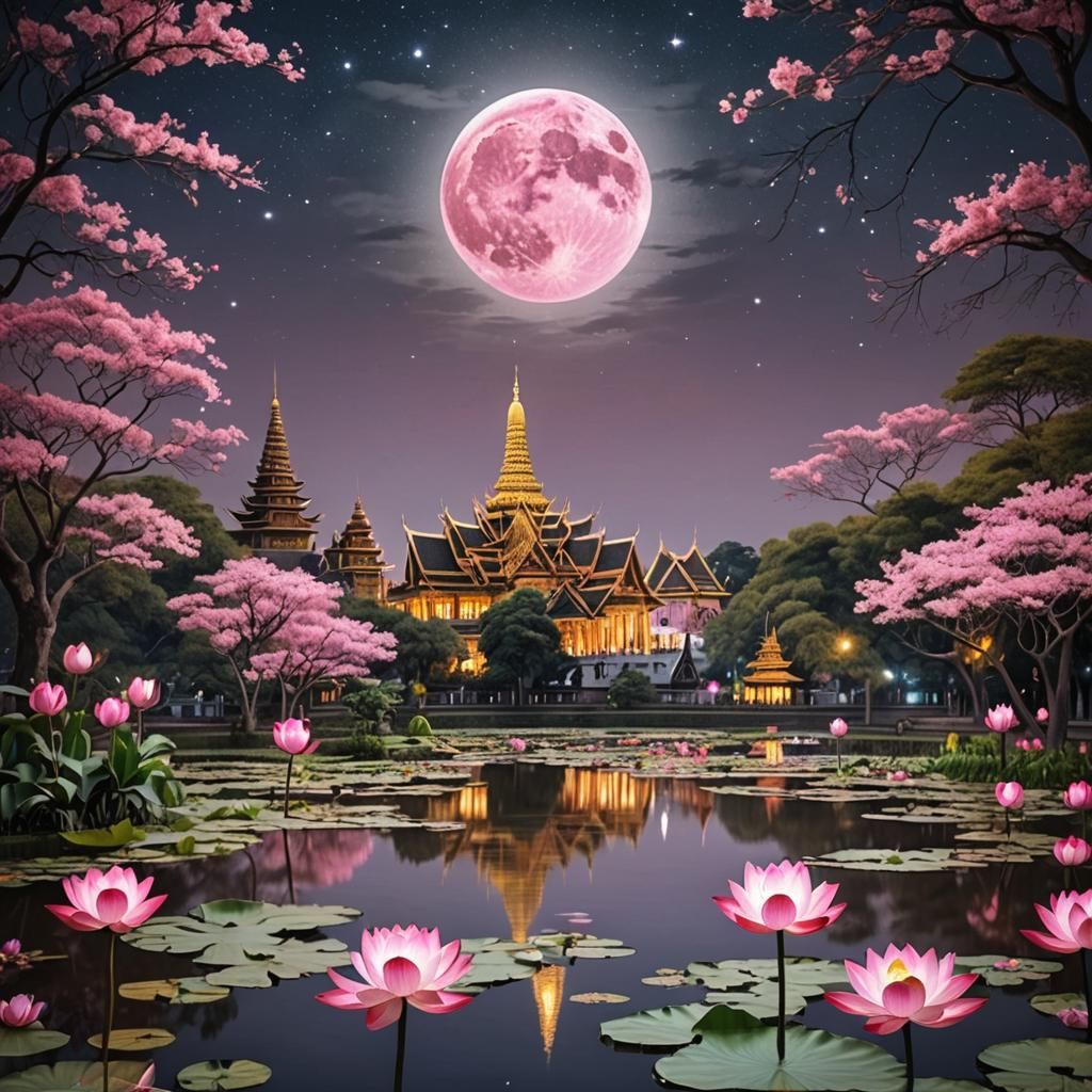 Pink Full Moon Rising Over Grand Palace