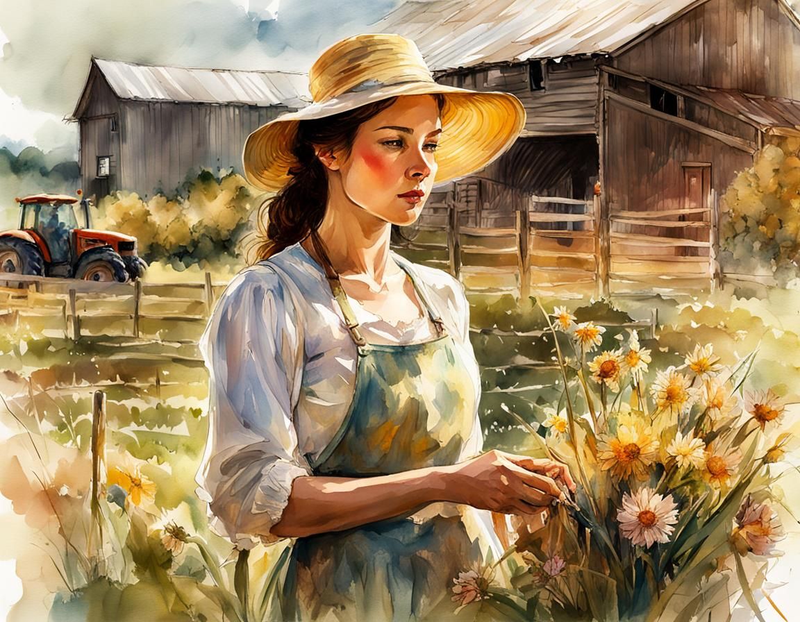 Farmer's Wife in Garden: Digital Watercolor Illustration