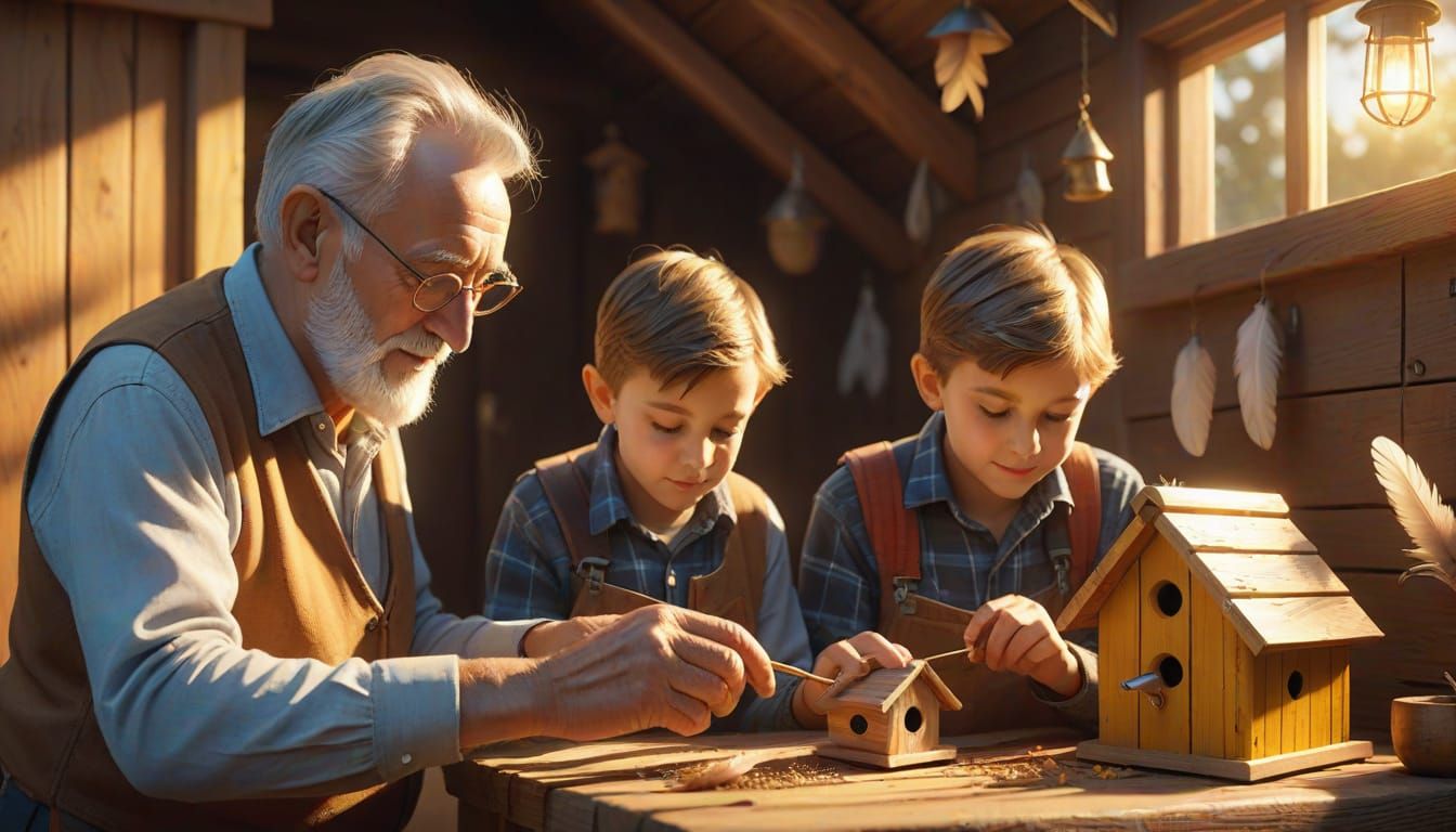 Grandfather and Grandson Build Birdhouse, Photorealistic Art
