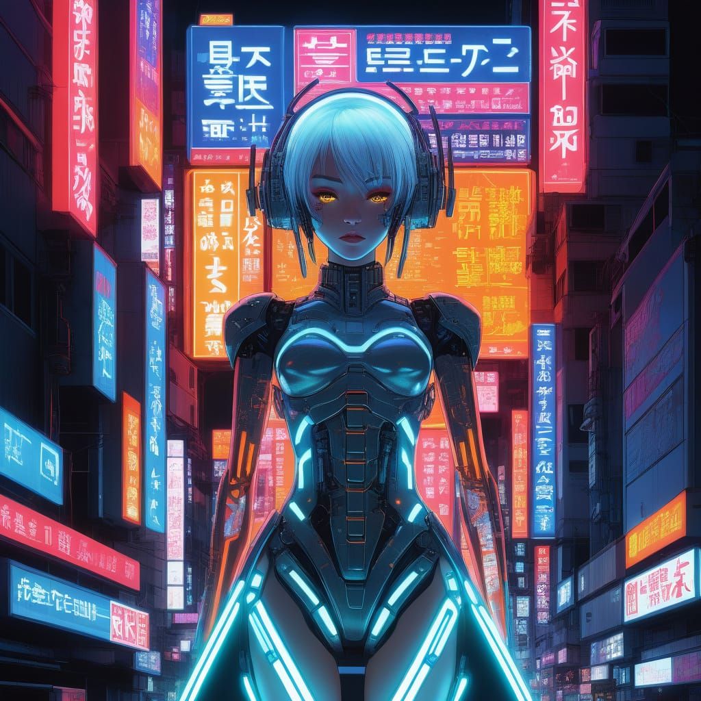 Cyborg Goddess in Neon Cyberpunk Metropolis