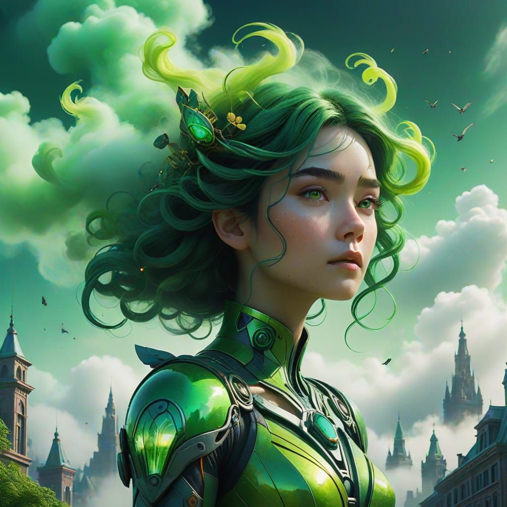 Ethereal Green Goddess in Whimsical Cloud City
