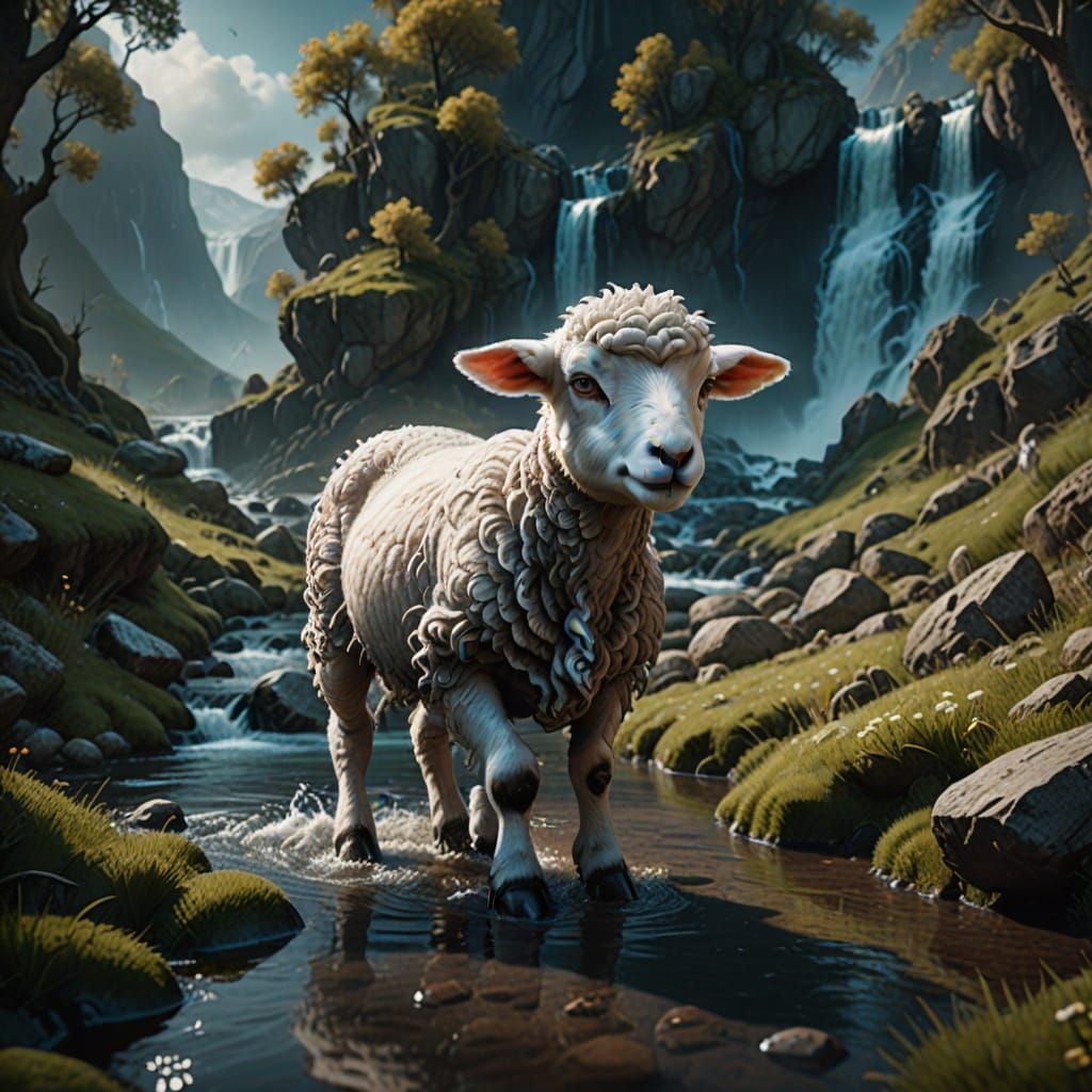 Anxious Lamb Facing a Stream: Detailed Matte Painting
