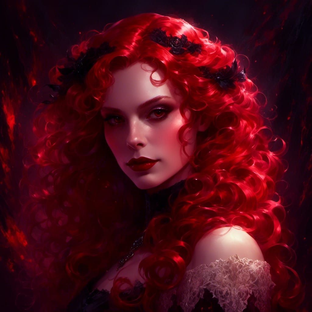 Victorian Vampire Portrait with Red Hair, Hyperrealistic