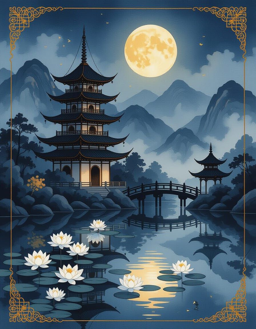 Pagoda Under Full Moon in East Asian Art Style