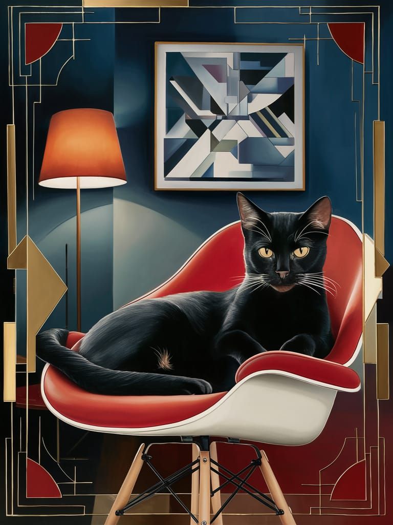 Black Cat Lounging in Eames Chair: Art Deco Painting
