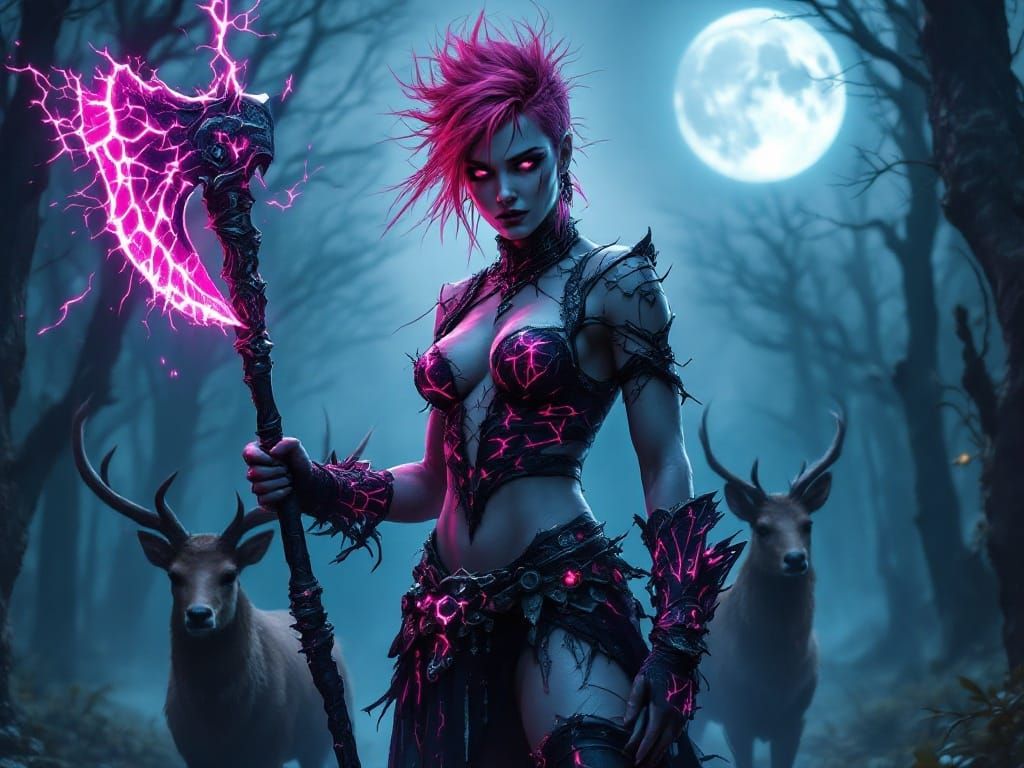 Gothic Warrior Goddess Under Neon Moonlight