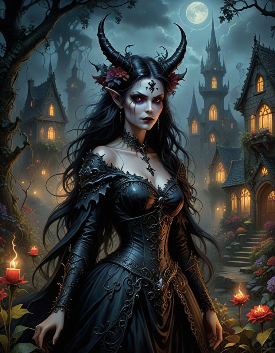 Ethereal Demoness Goddess in a Gothic Midnight Garden