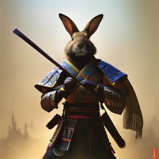 Samurai Rabbit with Sword in Japanese Style