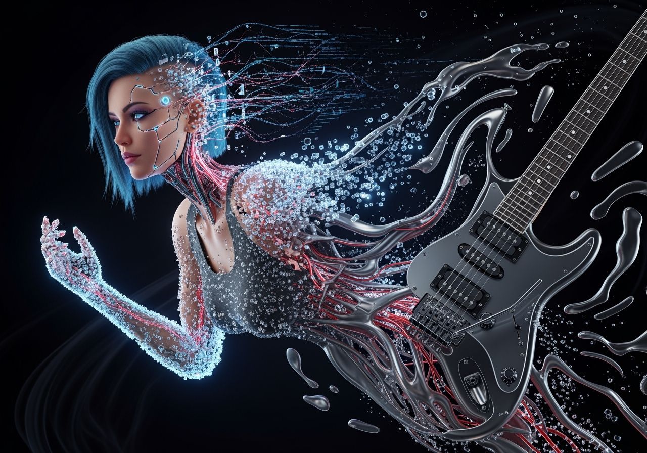 Cyberpunk Woman Morphing into Electric Guitar in Digital Art...