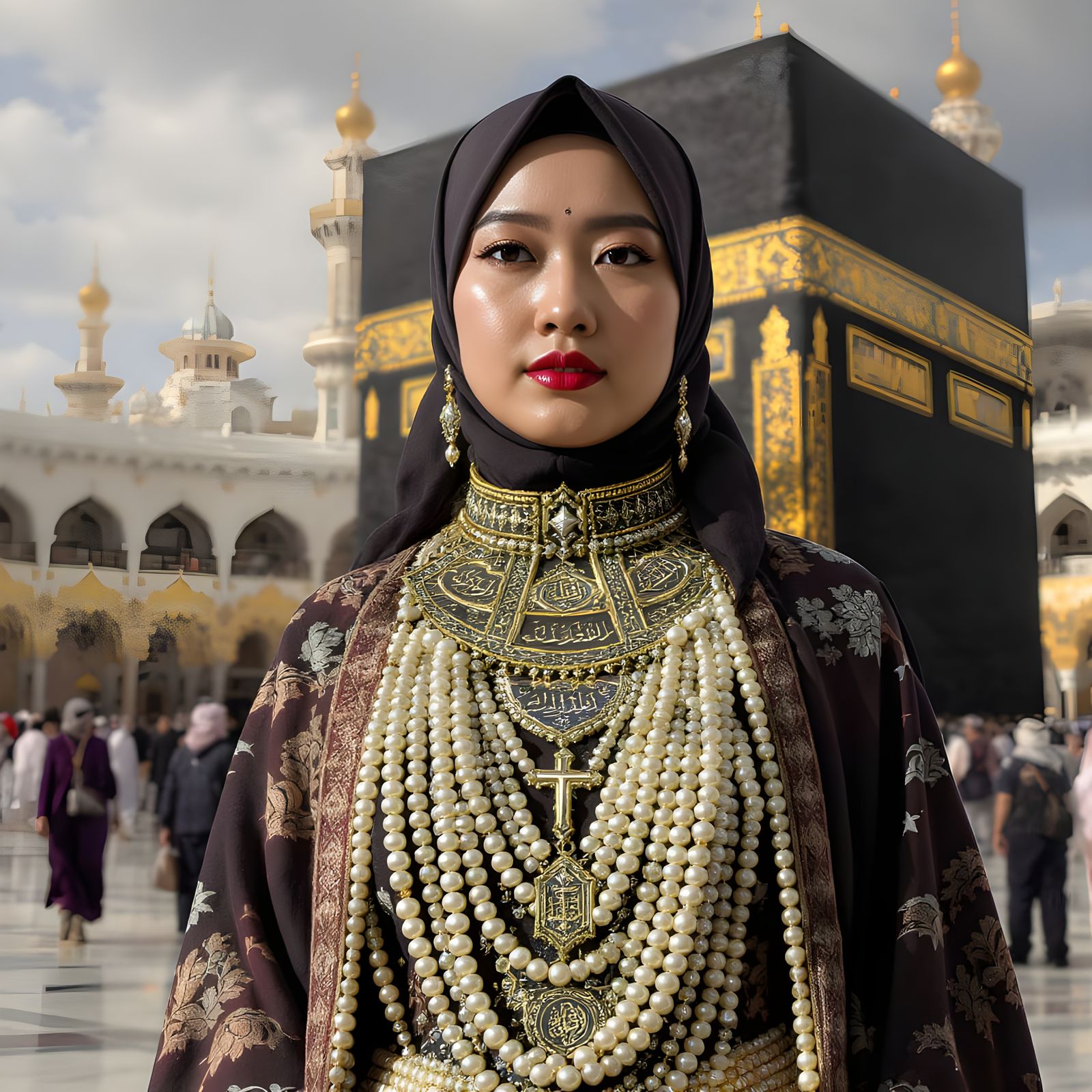 Woman with Pearl Jewelry at the Ka'bah in Vibrant Style