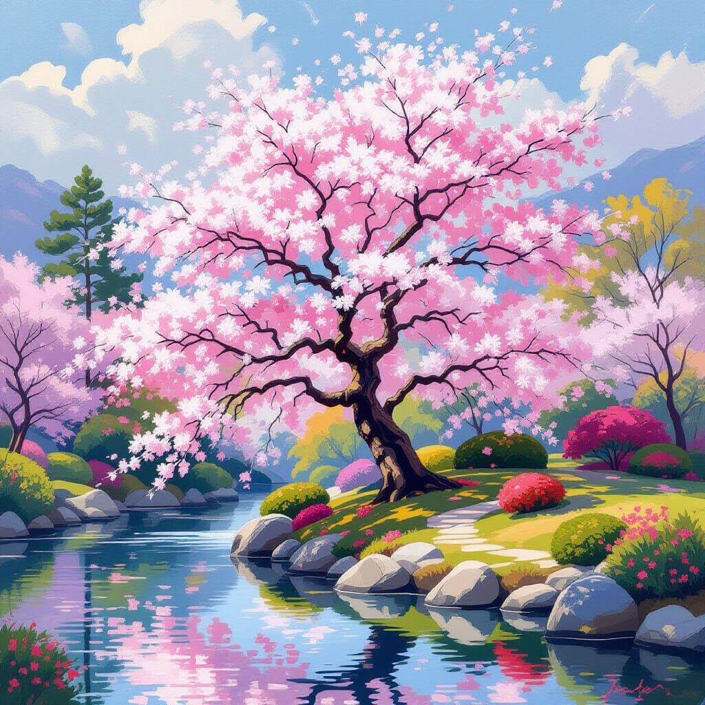 Sakura Tree in Japanese Garden, Impressionist Style