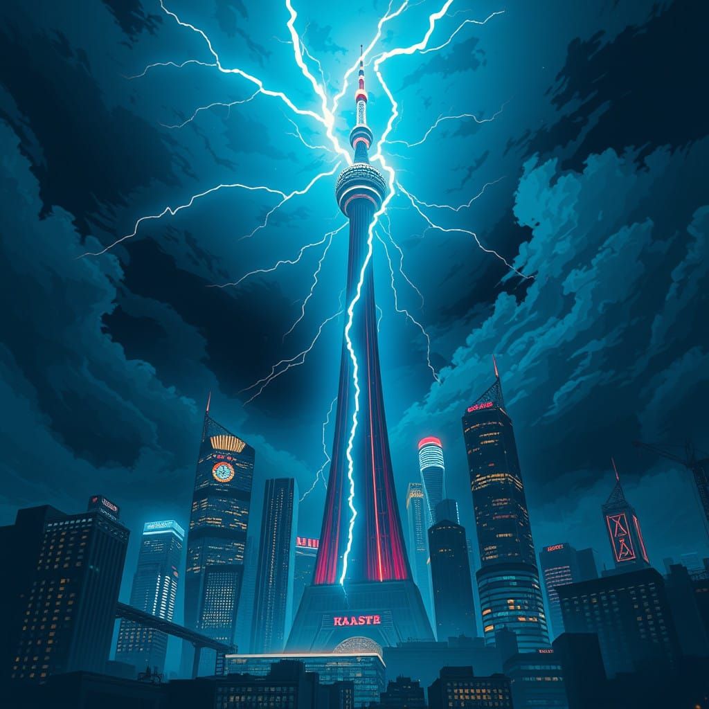 Anime-Style City Tower Electrified by Blazing Lightning