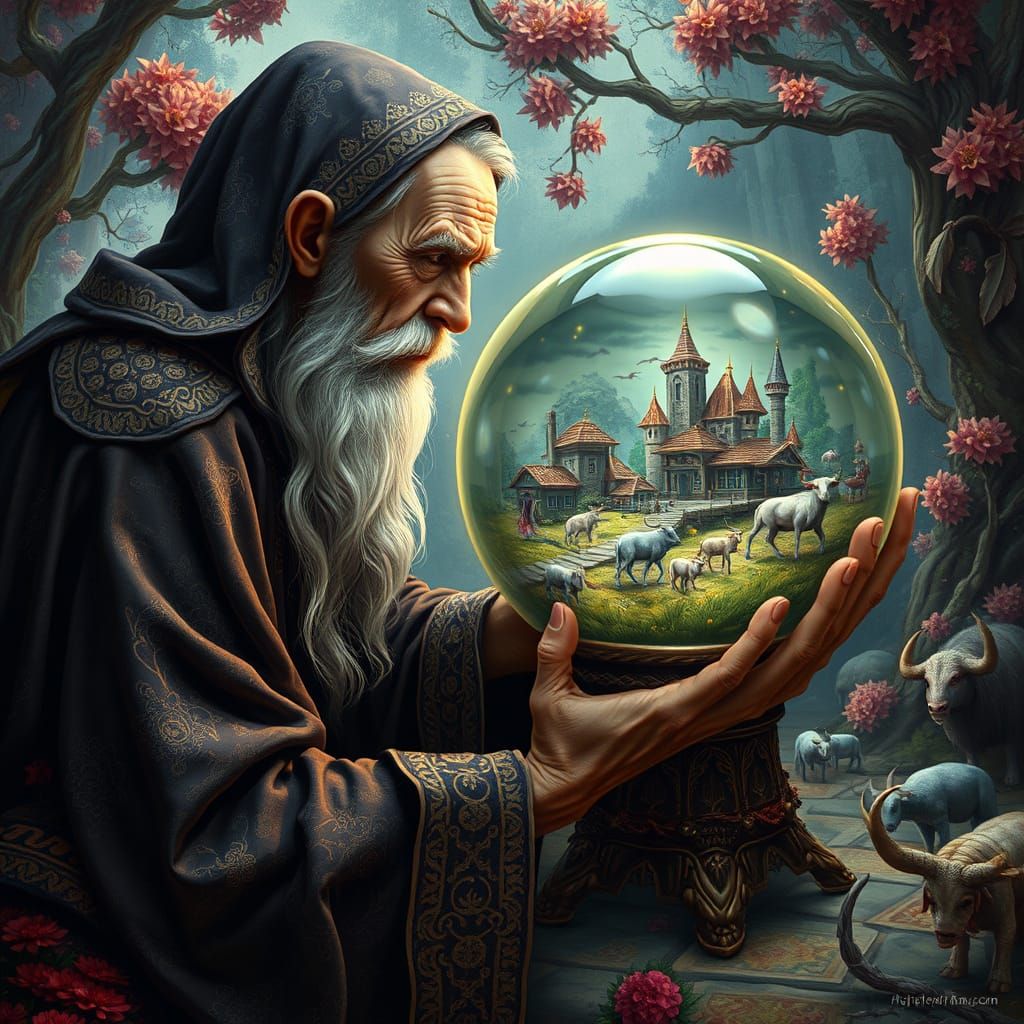 Wizard Gazing into Crystal Ball Reveals Miniature World