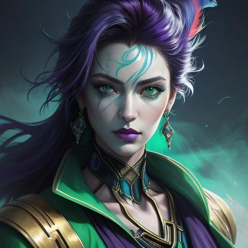 Colorful Cyberpunk Woman Portrait with Peacock Feathers