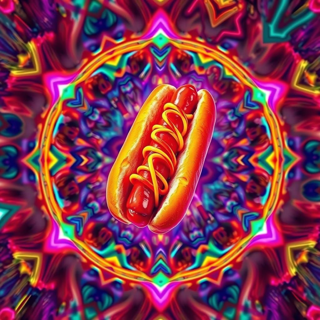 Kaleidoscopic Hotdog Dreamscape: Geometric Digital Art