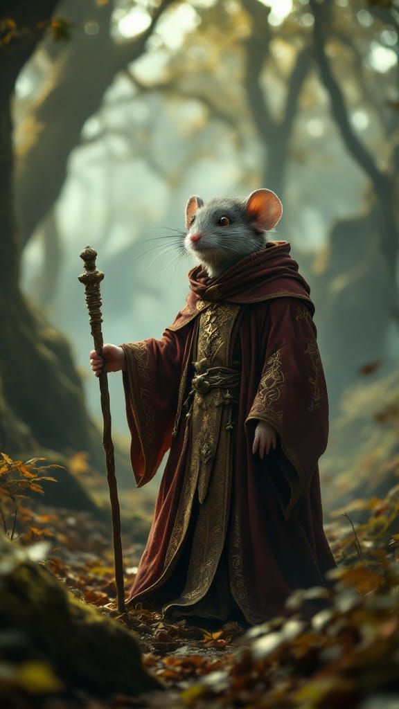 Heroic Wizard Mouse in Ancient Forest, Cinematic Film Still