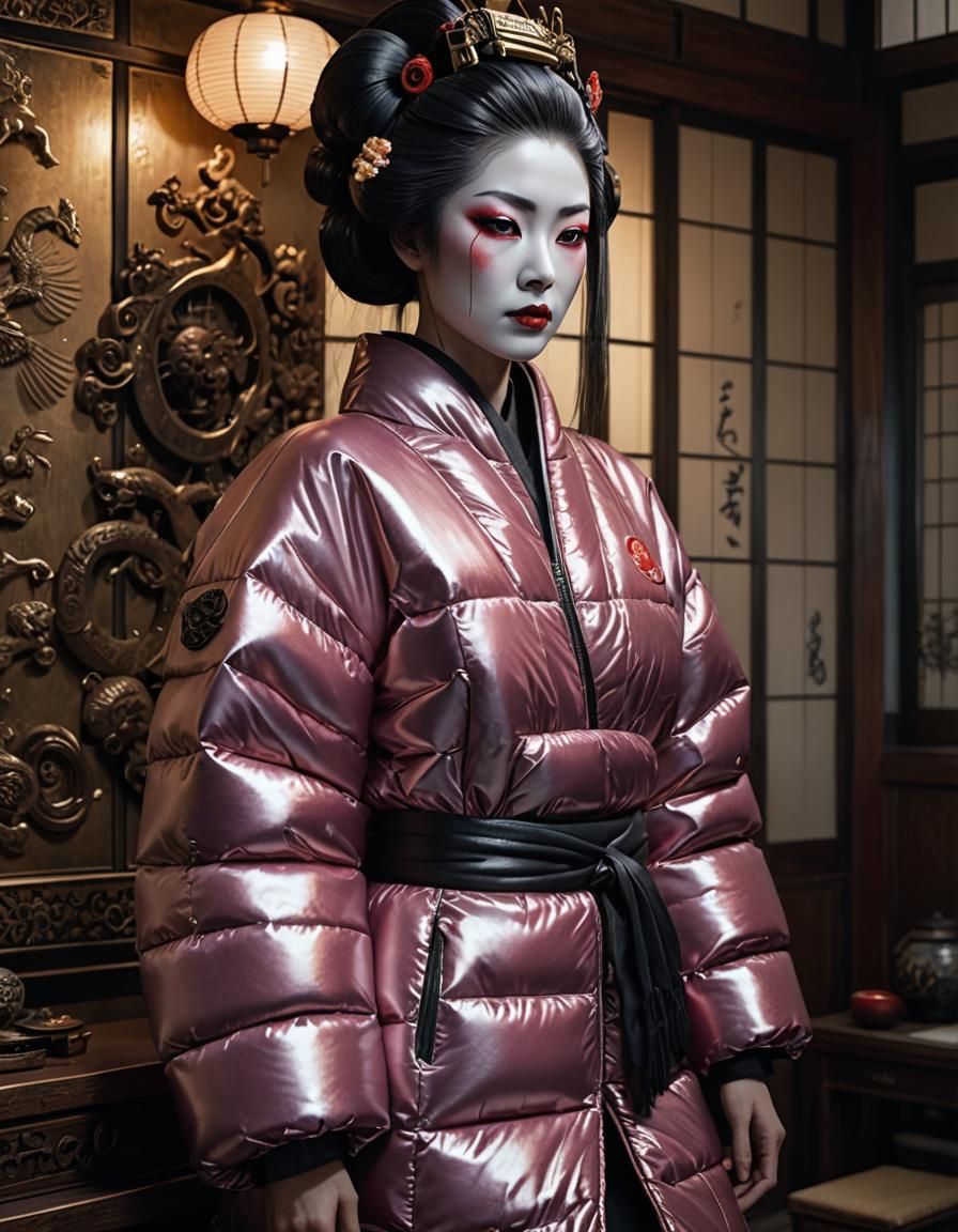 Geisha in Shiny Puffy Jacket: Photorealistic Japanese Room