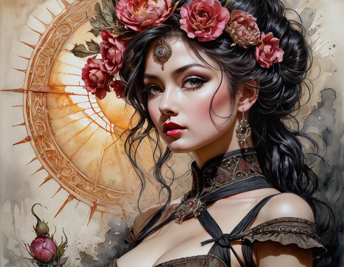 Surreal Dark Fantasy Maiden in Watercolor and Ink