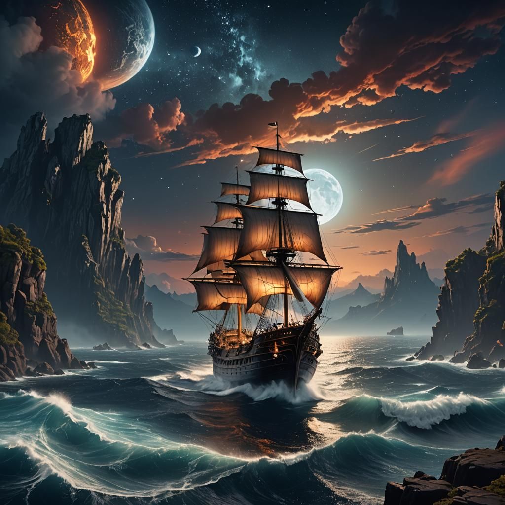 Ship Sails Off World's Edge: Fantasy Concept Art