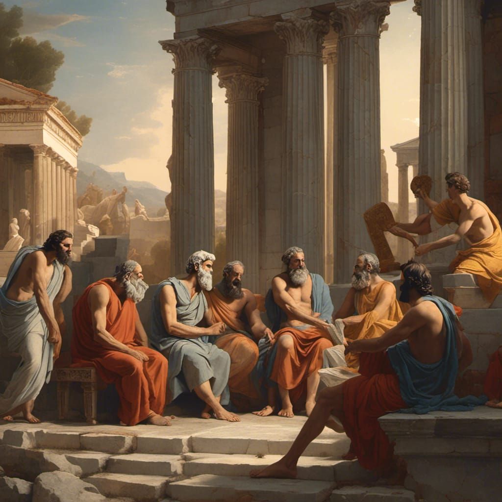 Ancient Greek philosophers debating at agora