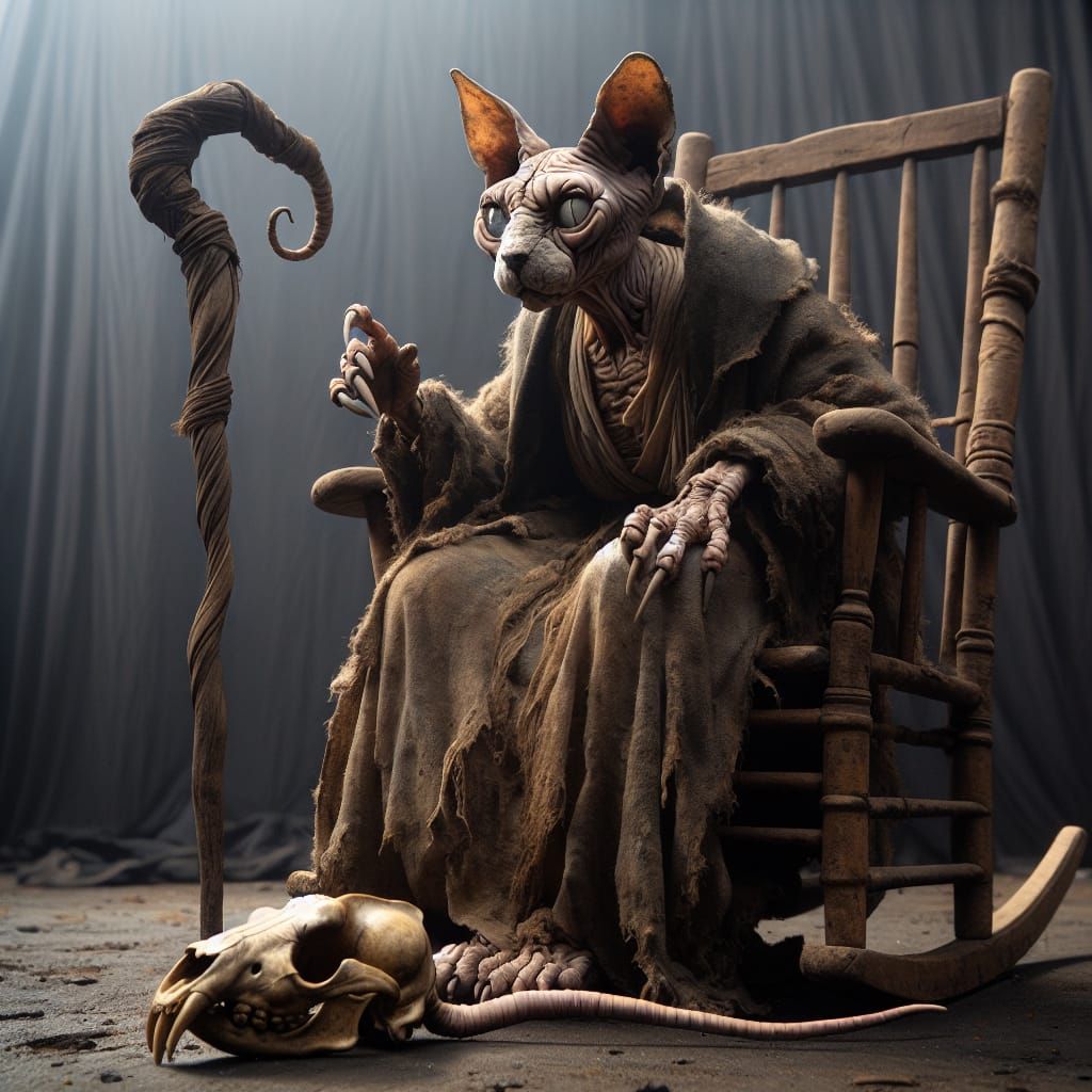 Elderly Anthropomorphic Sphynx Cat with Rat Skull