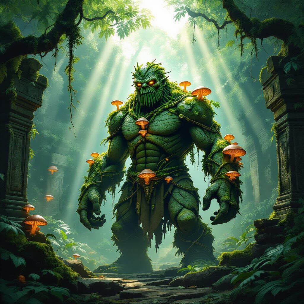 Mossy Stone Golem Guards Jungle Temple in Ethereal Light
