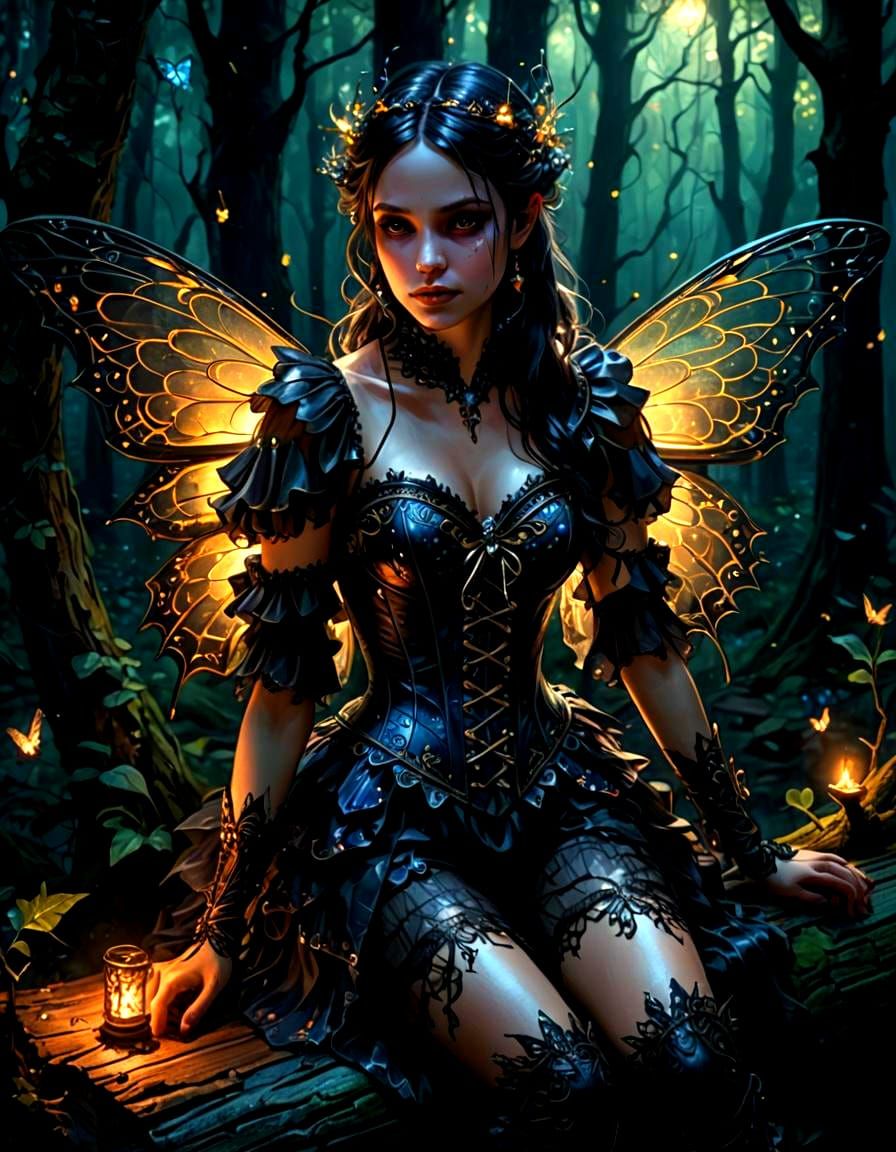 Gothic Dark Fairy in Forest with Fireflies