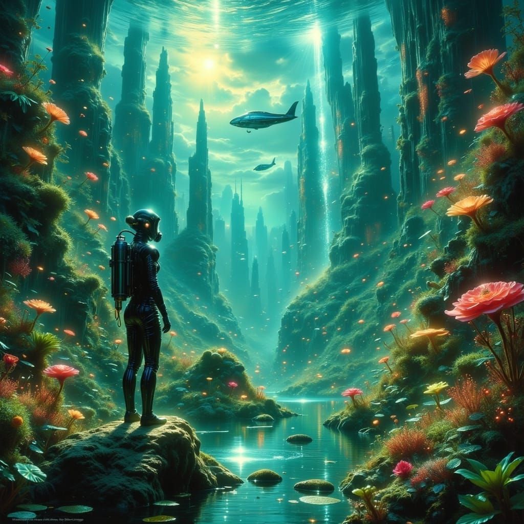 Bustling Underwater City at Twilight, in Art Nouveau Style